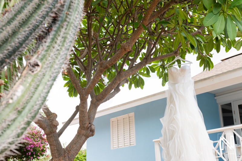 Beautiful wedding dress hanging under a tropical tree at Papagayo Beach Resort in Curacao during a sunny afternoon