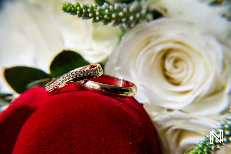 Beautiful wedding rings resting on a red velvet cushion surrounded by white roses in Curacao during a romantic wedding celebration