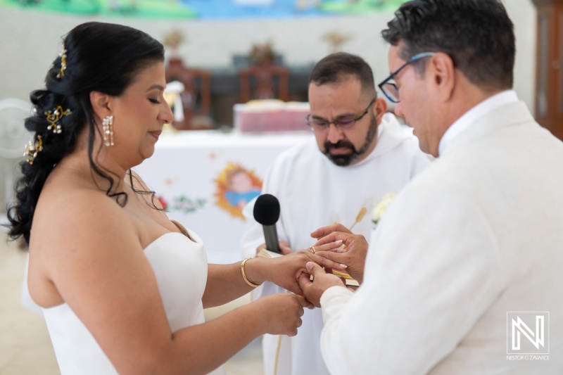 Wedding ceremony in Curacao highlighting the exchanging of vows and rings between the couple in an intimate setting