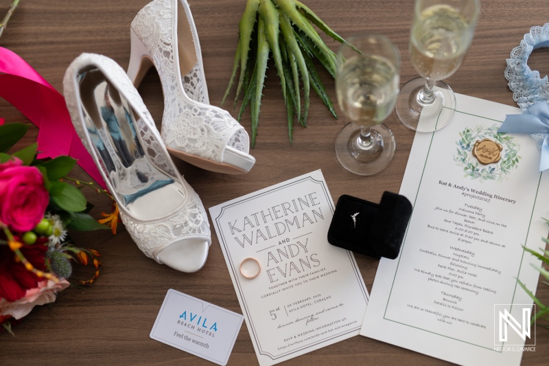 Wedding preparations at Avila Beach Hotel in Curacao with elegant details and personal touches highlighted