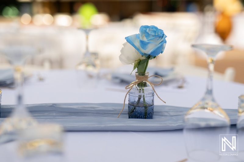 Flowers on table at wedding at Avila Beach Hotel in Curacao during afternoon