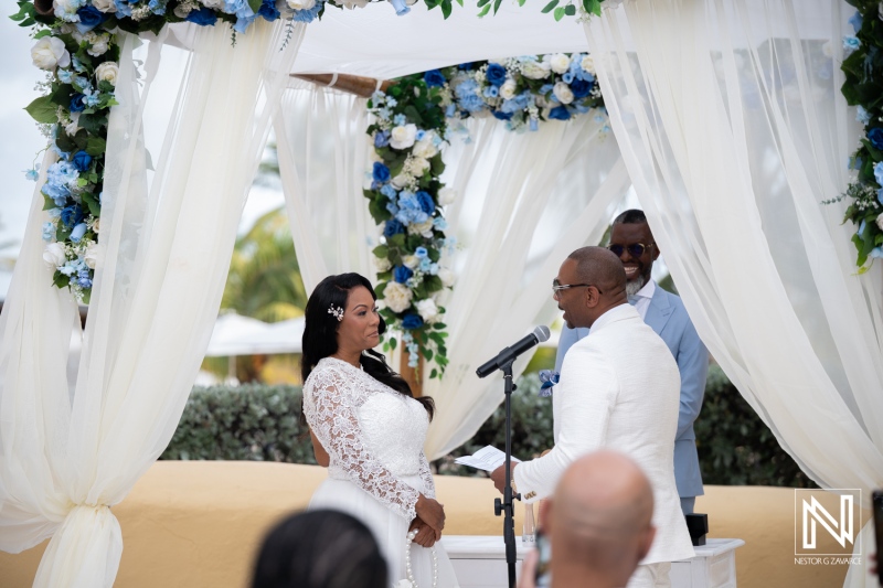 Couple exchanges vows during wedding ceremony at Avila Beach Hotel in Curacao