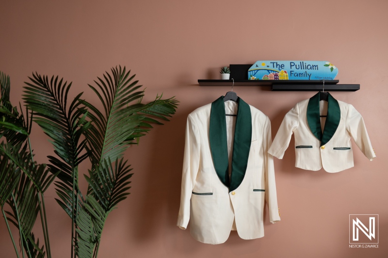 Elegant wedding attire displayed at Mangrove Beach Corendon venue in Curacao for a memorable celebration