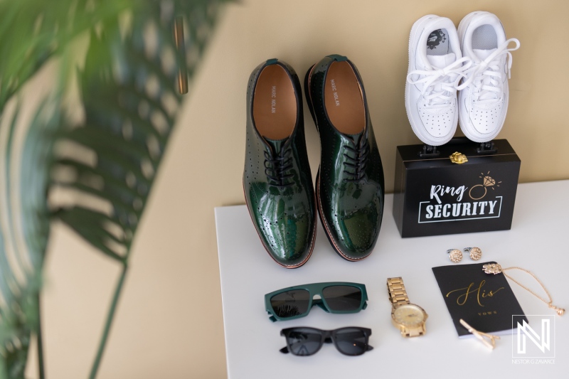 Wedding attire preparation featuring stylish shoes and accessories for a special day at Mangrove Beach Corendon in Curacao