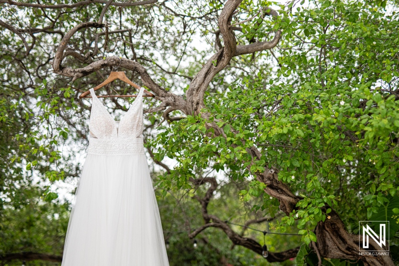 Wedding dress hanging on tree branch in Curacao at an outdoor venue before the celebration