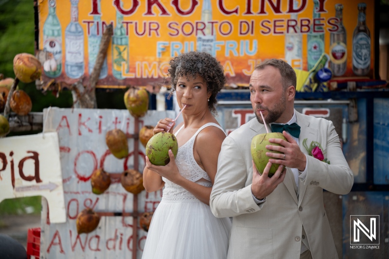 Wedding celebration at a coconut stand in Curacao during the afternoon hours