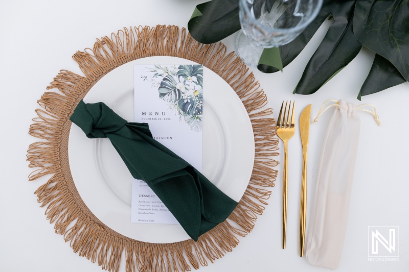 Wedding setup at Curacao with menu details and table decor for a special event