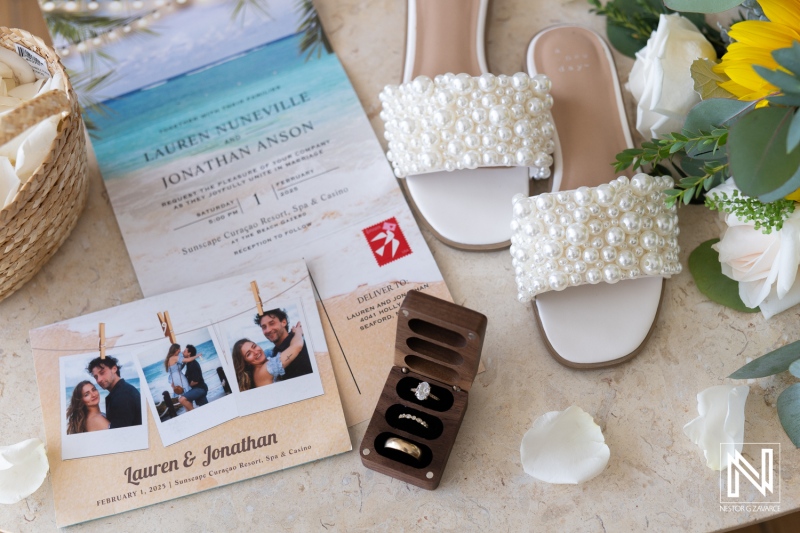 Celebration of love at Sunscape Curacao Resort with elegant wedding details featuring rings and bridal shoes