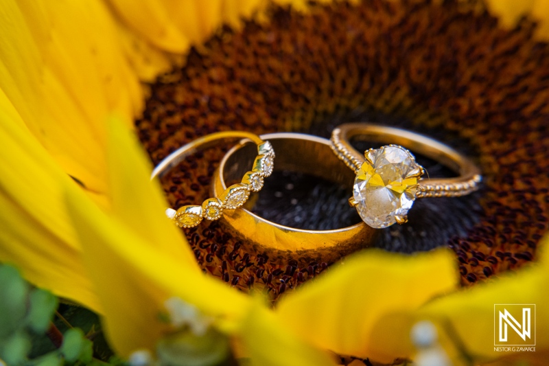 Wedding rings displayed beautifully in a sunflower at Sunscape Curacao Resort during a sunny tropical wedding celebration