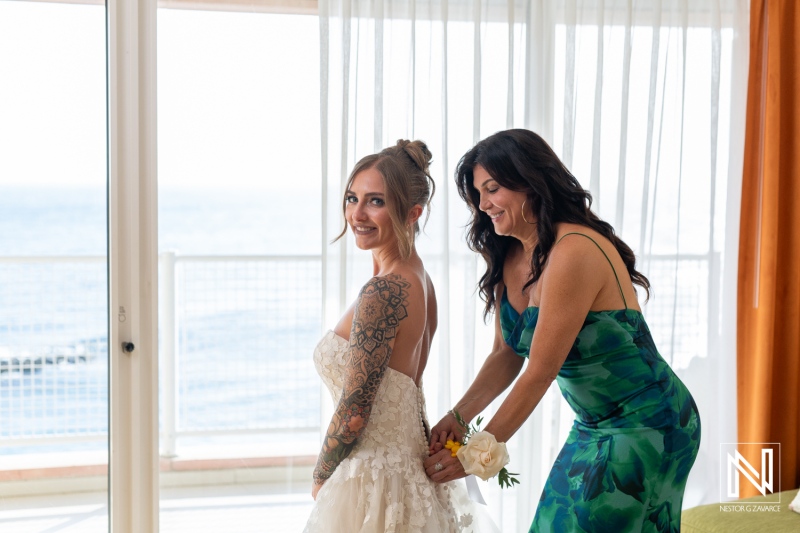 Bridal preparation at Sunscape Curacao Resort with stunning ocean view as bride gets ready for wedding ceremony