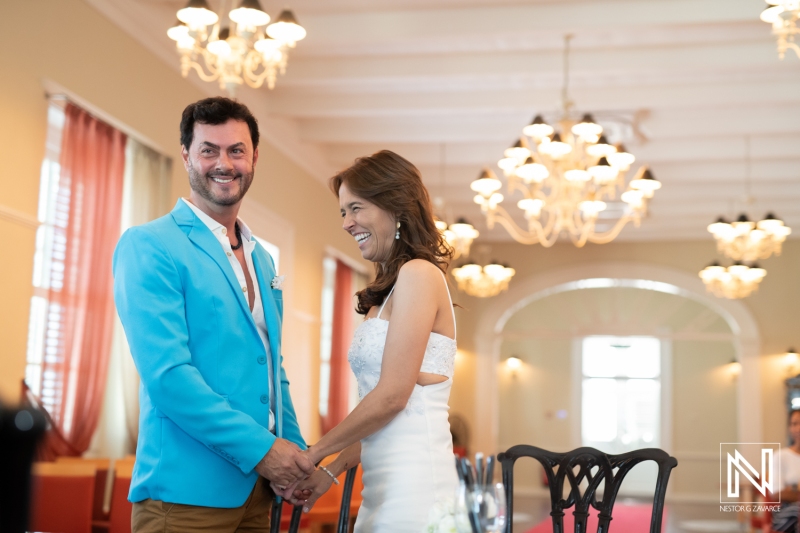 Bride and groom smiling