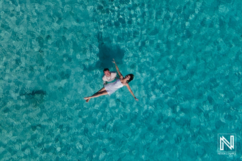 Bride and Groom drone shot at Cas Abao