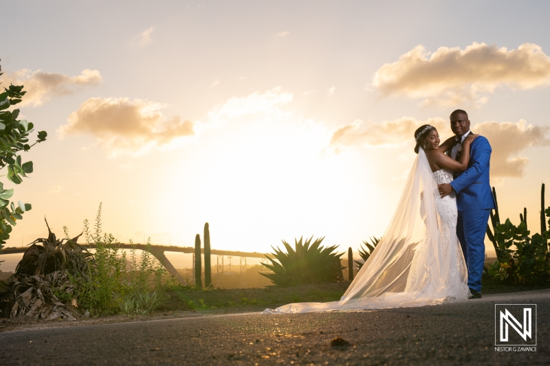Bride and groom sunset photoshoot session