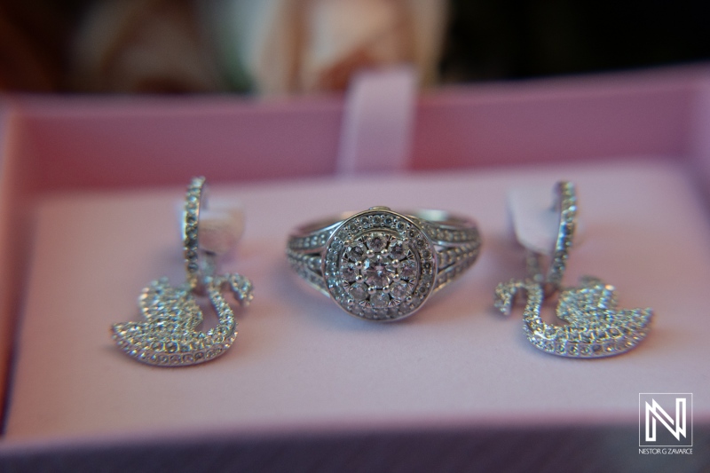 Beautiful wedding jewelry featuring a sparkling engagement ring and elegant earrings, showcased at Avila Beach Hotel in Curacao