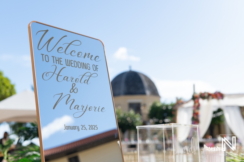 Beautiful wedding welcome sign for Harold and Marjorie at Avila Beach Hotel in Curacao on January 25, 2025