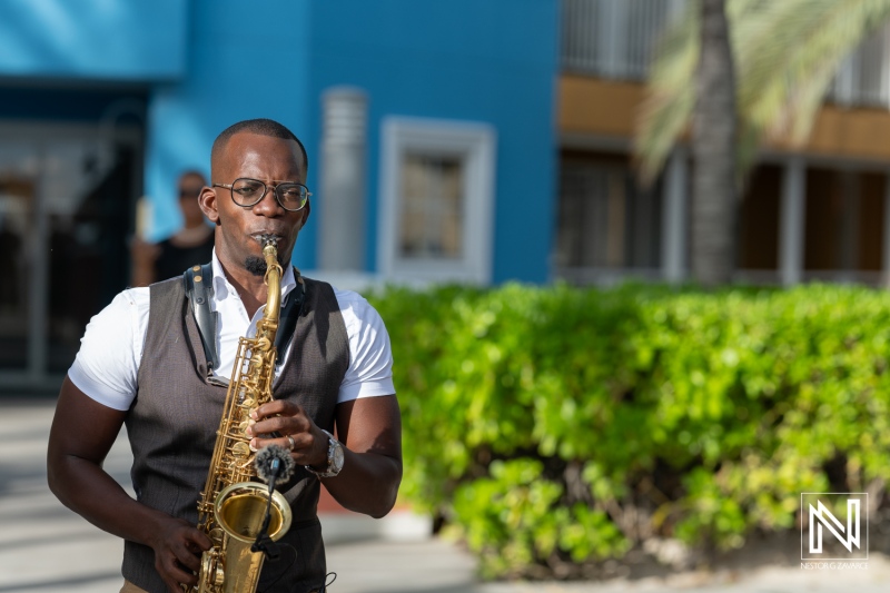 Saxophonist performs romantic music at a Curacao wedding reception near Renaissance Wind Creek Resort