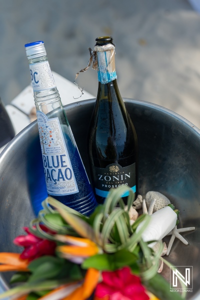 Refreshing Summer Drinks With Blue Liqueur and Sparkling Wine in an Ice Bucket Surrounded by Tropical Flowers and Seashells on a Sunny Day