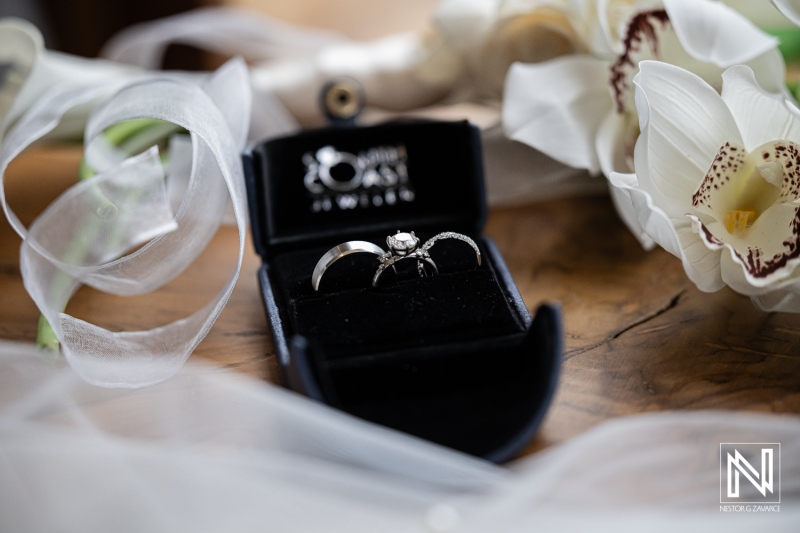 Ceremony rings placed in a box for the wedding at Playa Hunku in Curacao