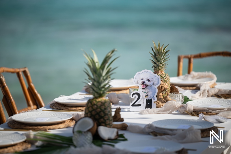 Guests prepare to celebrate a wedding at Playa Hunku in Curacao with a decorated table featuring pineapples and a cute dog figure