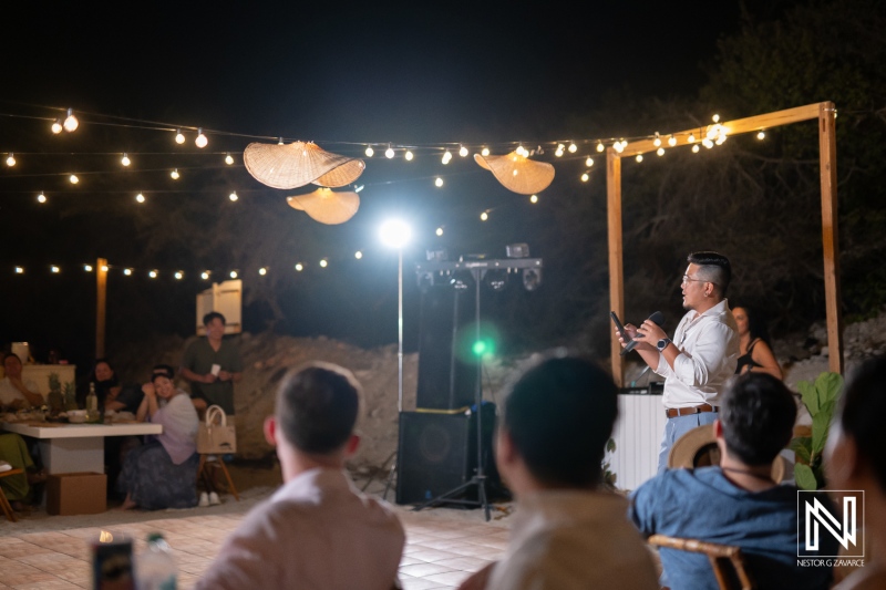 Wedding celebration at Playa Hunku in Curacao during the evening