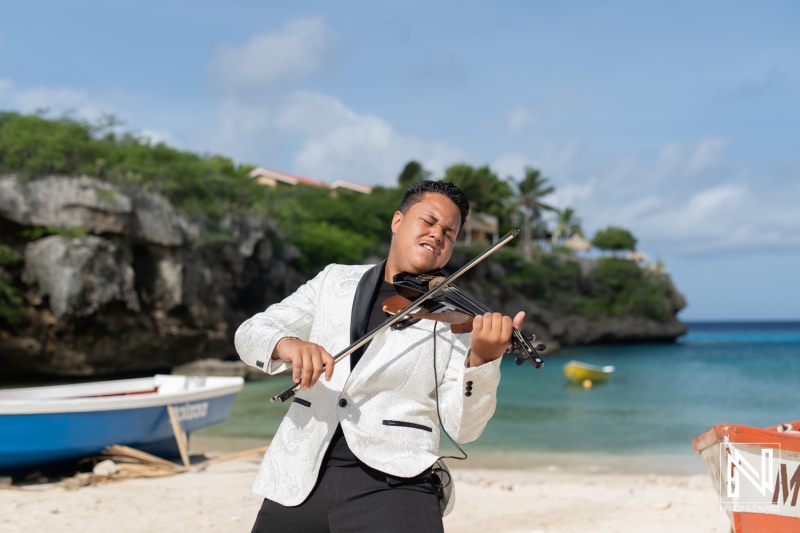 A Skilled Violinist Performs Passionately on a Scenic Beach Surrounded by Vibrant Nature and Ocean Views During a Sunny Day