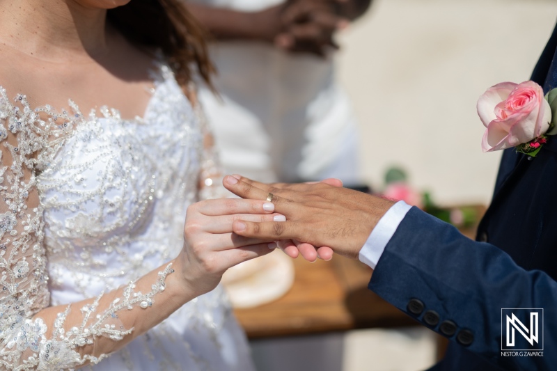 A Couple Exchanges Wedding Rings During a Beautiful Outdoor Ceremony on a Sunny Day, Surrounded by Friends and Family in an Intimate Setting