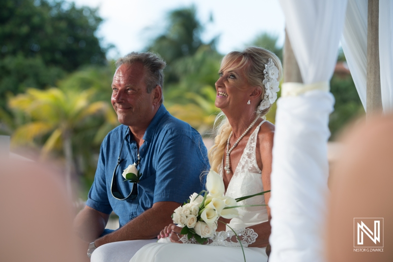 Bride and groom smiling in the wedding  ceremony