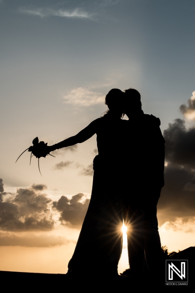 Bride and groom sunset photoshoot