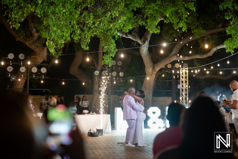 A romantic couple dances under twinkling lights at an outdoor wedding reception surrounded by friends and family in a beautiful garden at night