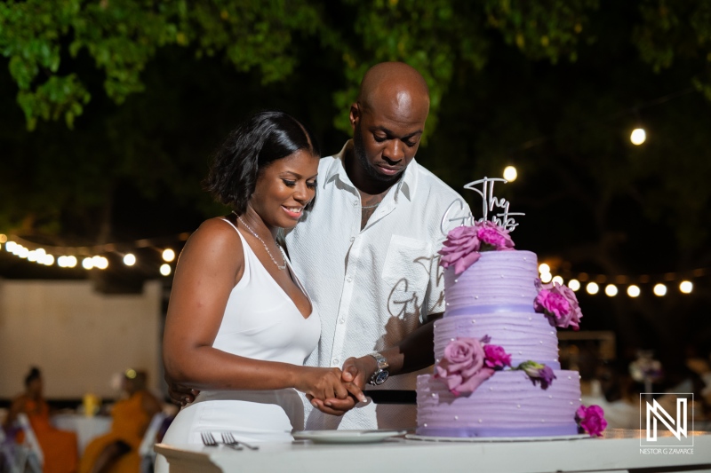 Celebration of love and unity at a beautifully decorated outdoor wedding reception with a couple cutting a floral cake during the evening event