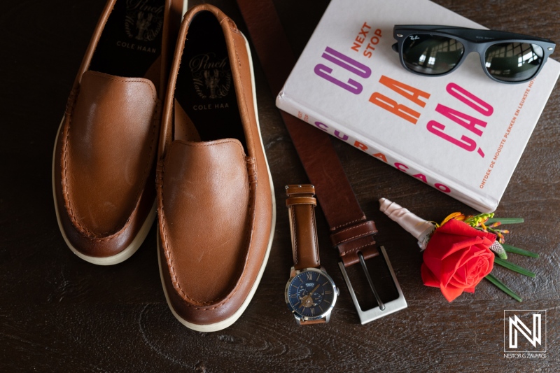 Wedding preparations with stylish accessories at Kokomo Beach in Curacao as two hearts unite in a beautiful celebration of love