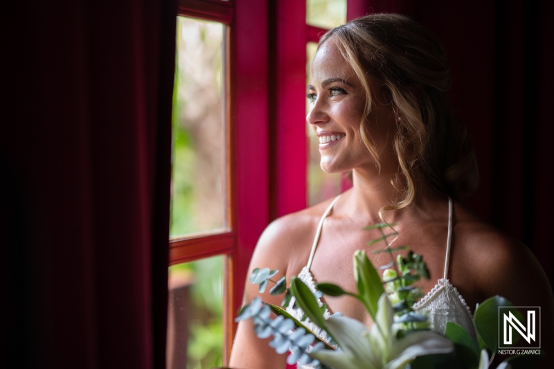 Bride looking at the window