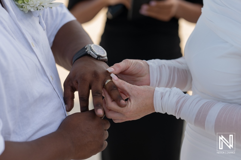 A couple exchanges wedding rings during an outdoor ceremony, surrounded by friends and family on a sunny afternoon