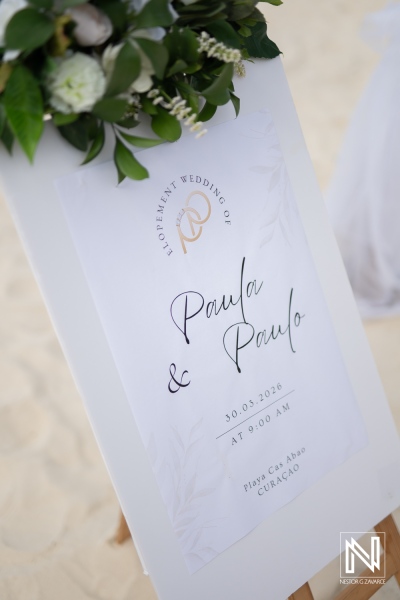 Wedding sign for Paula and Paulo at Cas Abao Beach in Curacao on March 30, 2022 at 9