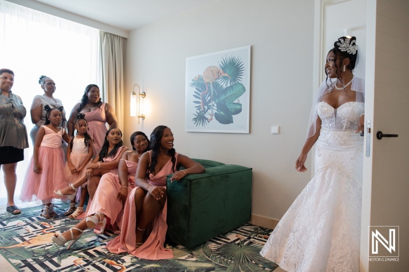 Bride's first look with bridesmaids