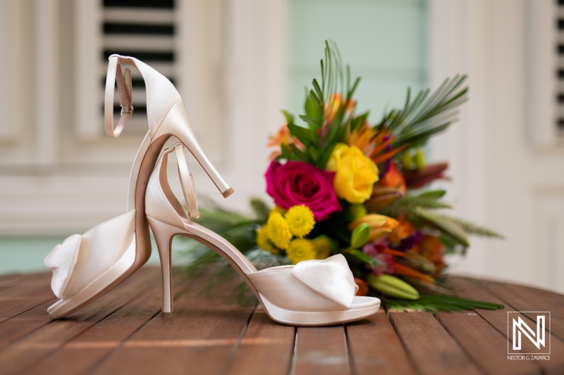 Bridal shoes and bouquet