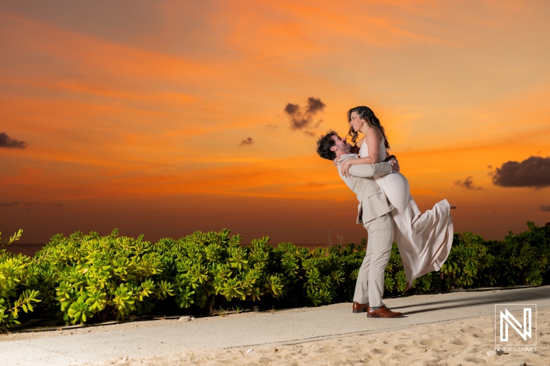 Bride and groom sunset photoshoot session