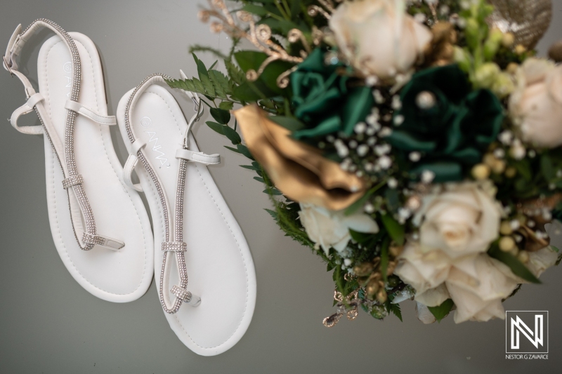 Wedding shoes and bouquet