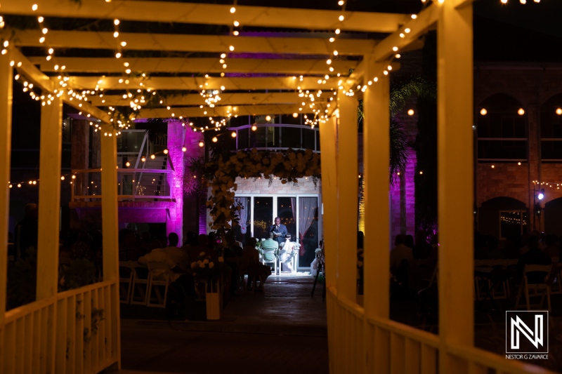 Outdoor evening celebration with string lights illuminating a garden venue filled with guests enjoying live entertainment on a warm summer night