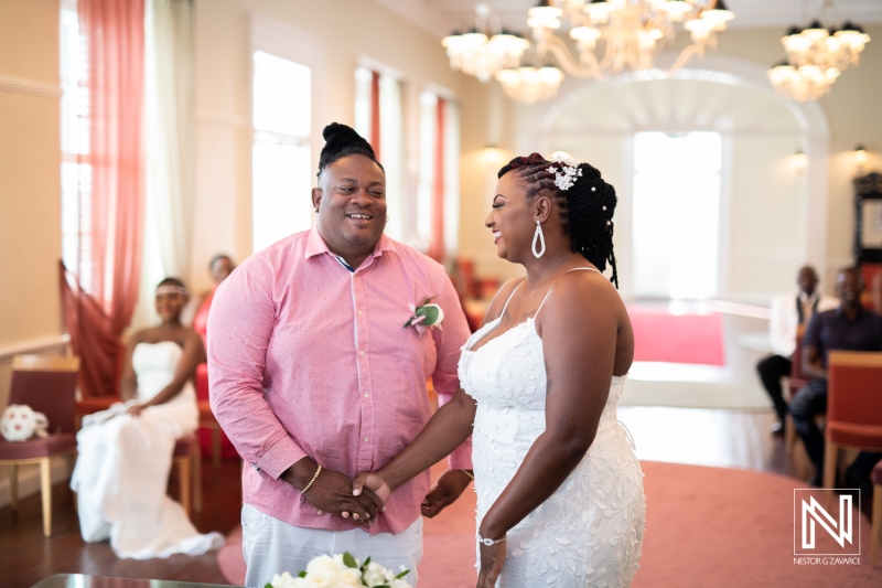 Bride and groom laughing