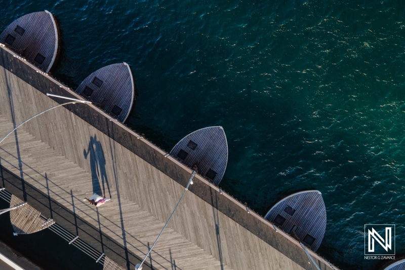 Bride and groom photo session drone shot at Emmabrug
