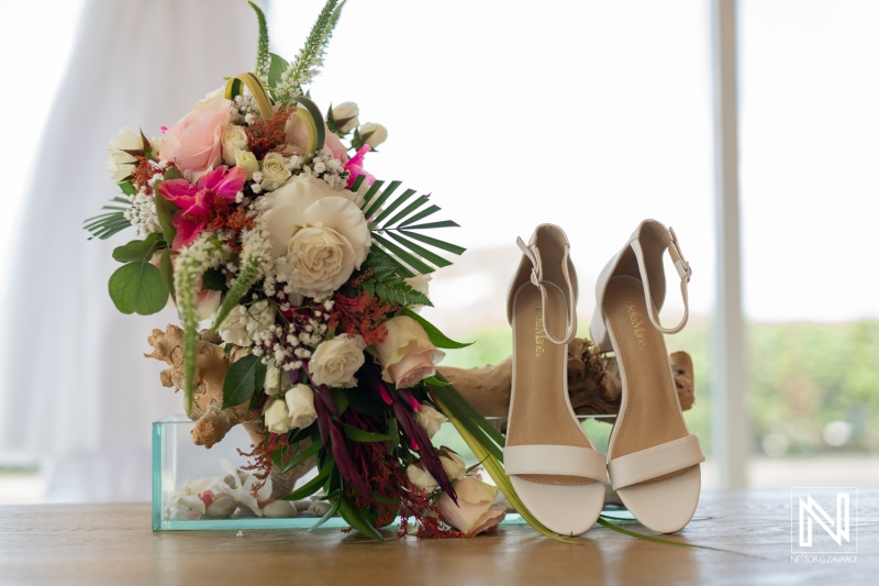 Bridal shoes and bouquet