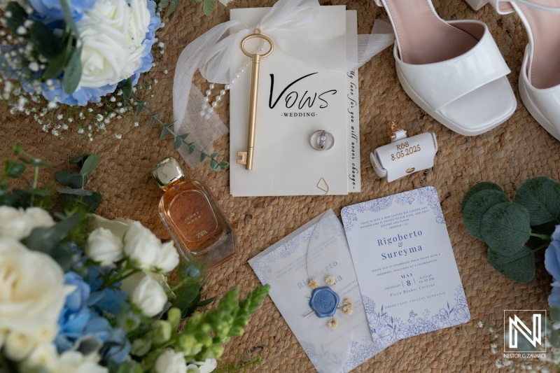 Wedding preparations at Playa Hunku in Curacao featuring elegant details and romantic touches