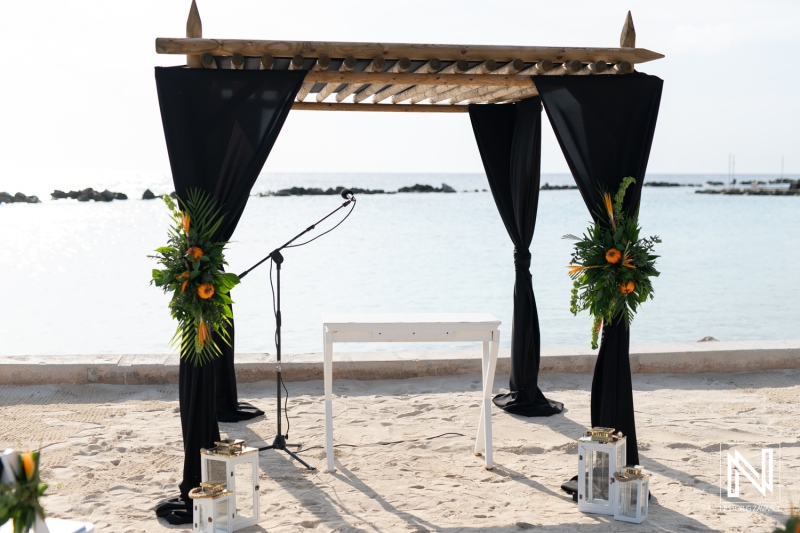 Setting up for a Halloween wedding ceremony at Sunscape Curacao Resort by the beach with stunning ocean views