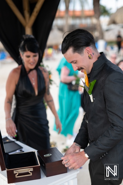 Celebrating a Halloween-themed wedding at Sunscape Curacao Resort with festive attire and unique decorations