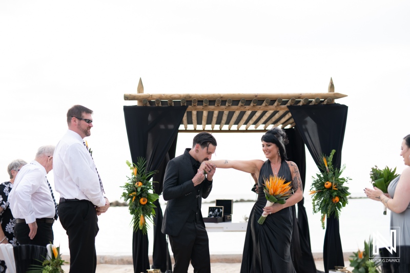 Unique wedding ceremony at Sunscape Curacao Resort during Halloween celebration with beautiful decorations and joyful guests