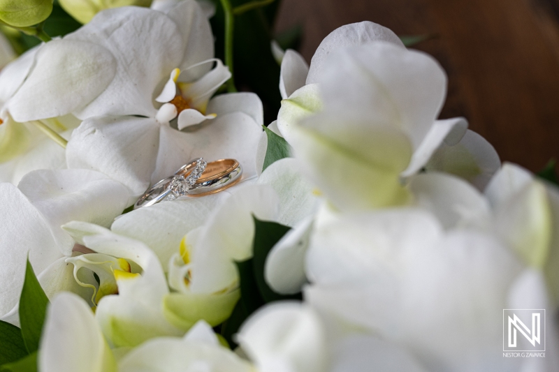 Wedding rings and bouquet