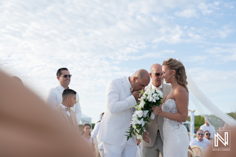 groom and bride first look at the golf course wedding