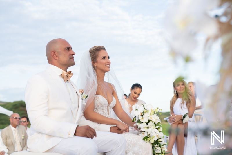 bride and groom in wedding ceremony at golf course