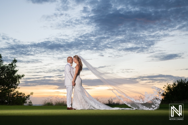 Bride and groom sunset photoshoot at the golf course